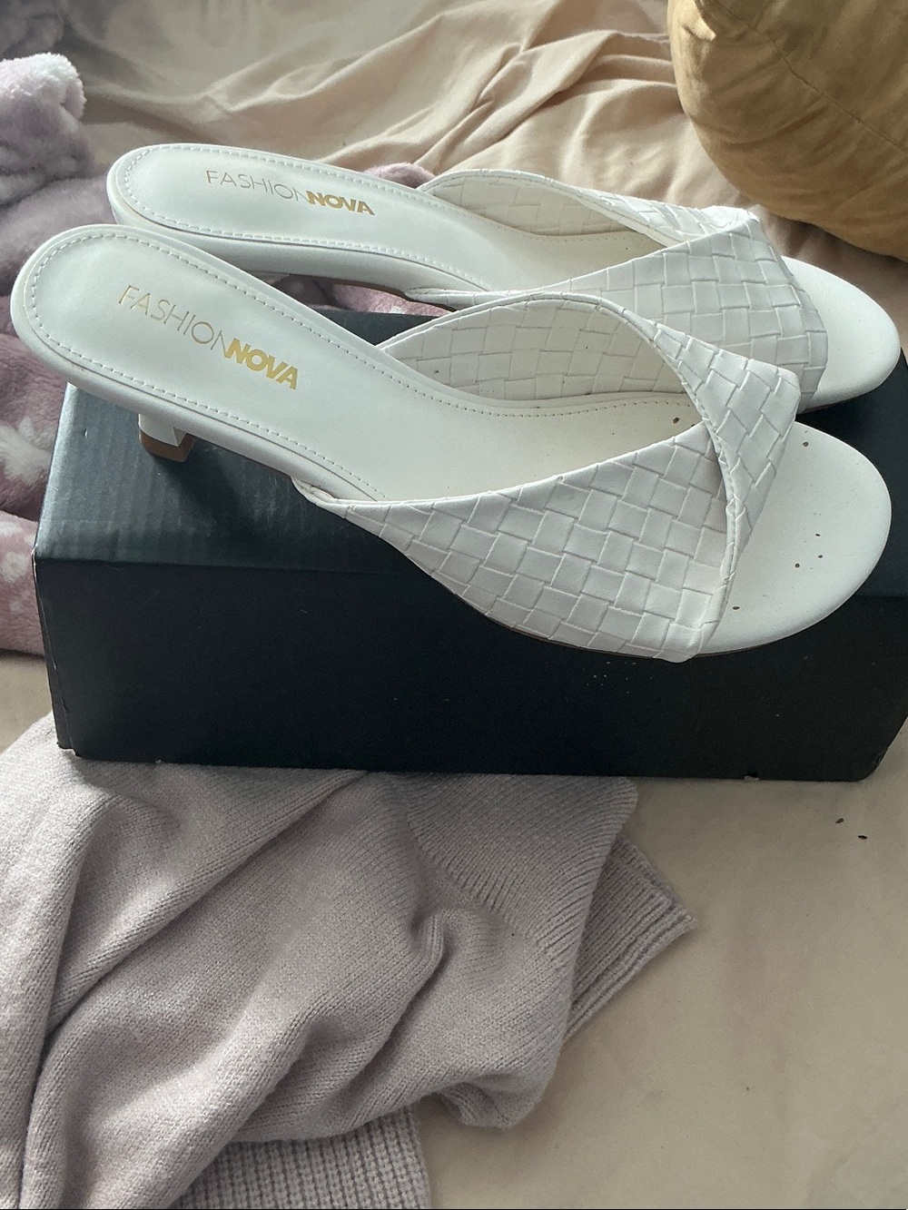 Fashion Nova White Woven Low Block Heel Slides